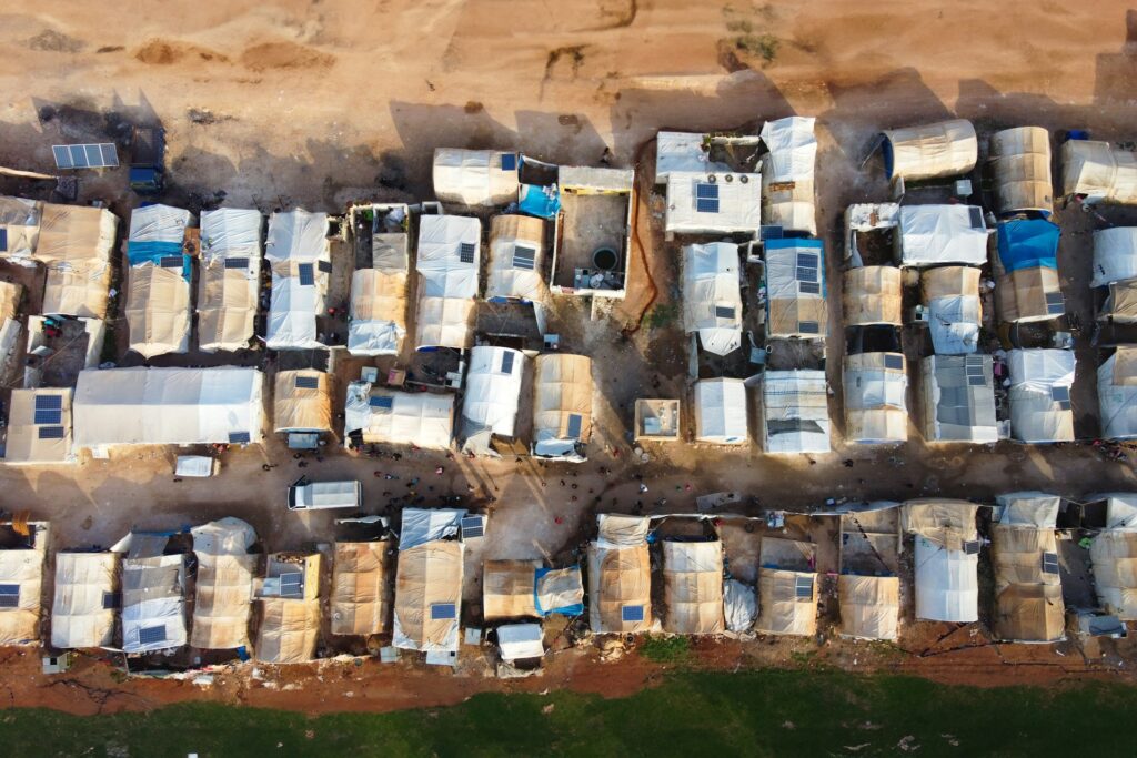 Aerial view of makeshift refugee tents.