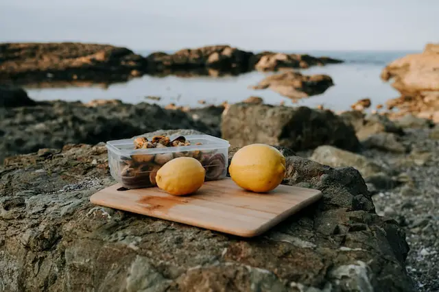 Mussels on Flat board on beach