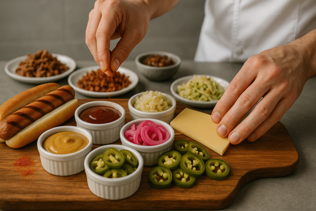 Preparing gourmet hot dog toppings.