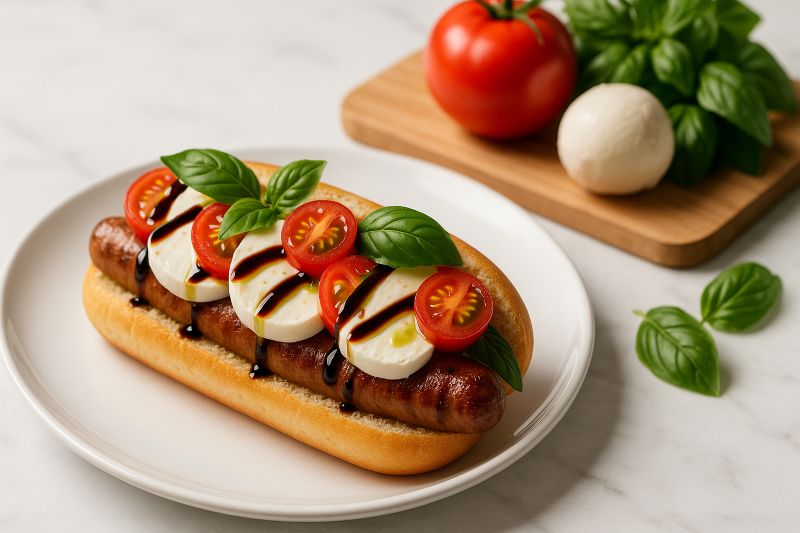 Hot dog with Caprese toppings