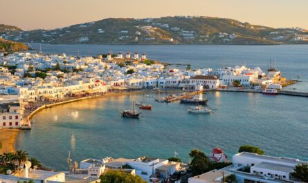 Idyllic view of a Mykonos Hotel with Private Pool against the backdrop of the Aegean Sea.