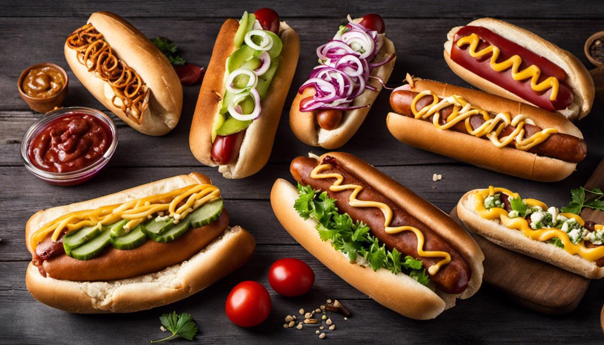 A variety of hot dog recipes with different toppings displayed on a table.