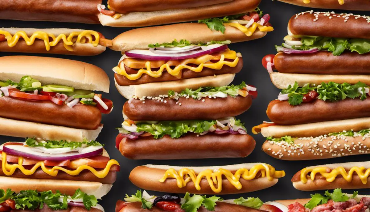 Image of different types of hot dogs with various toppings and condiments