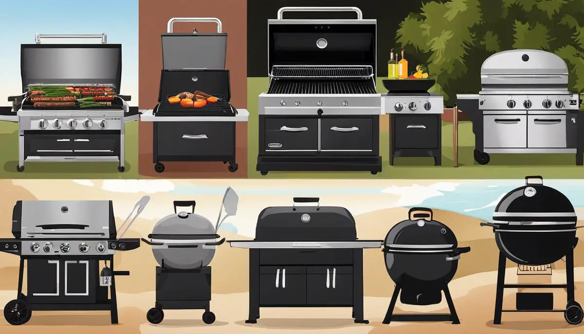 Image displaying different types of grills, including gas, charcoal, electric grills, and grill pans. - Hot Dog Grilling Techniques