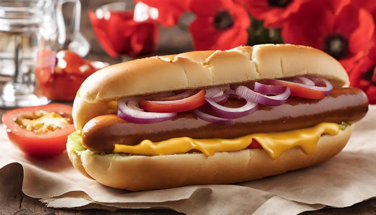 A mouthwatering image of a New York style hot dog topped with mustard, onions, and served in a poppy seed bun.