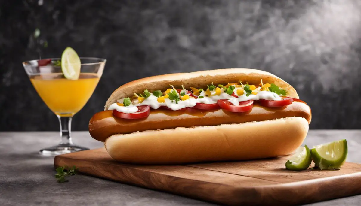 A mouthwatering image of a New York-style hot dog topped with delicious ingredients and presented in a modern culinary style.