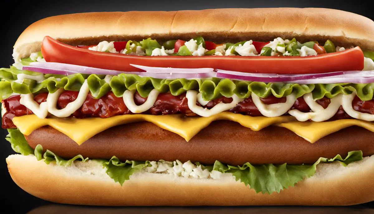 A mouthwatering image of a New York style hot dog with all the classic toppings.