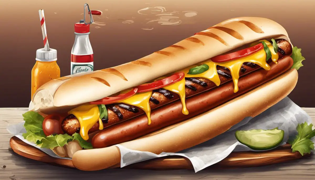 Illustration of a grilled hot dog with grill lines and condiments.