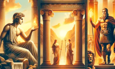 Illustration of famous Greek Myths characters in a historical setting.