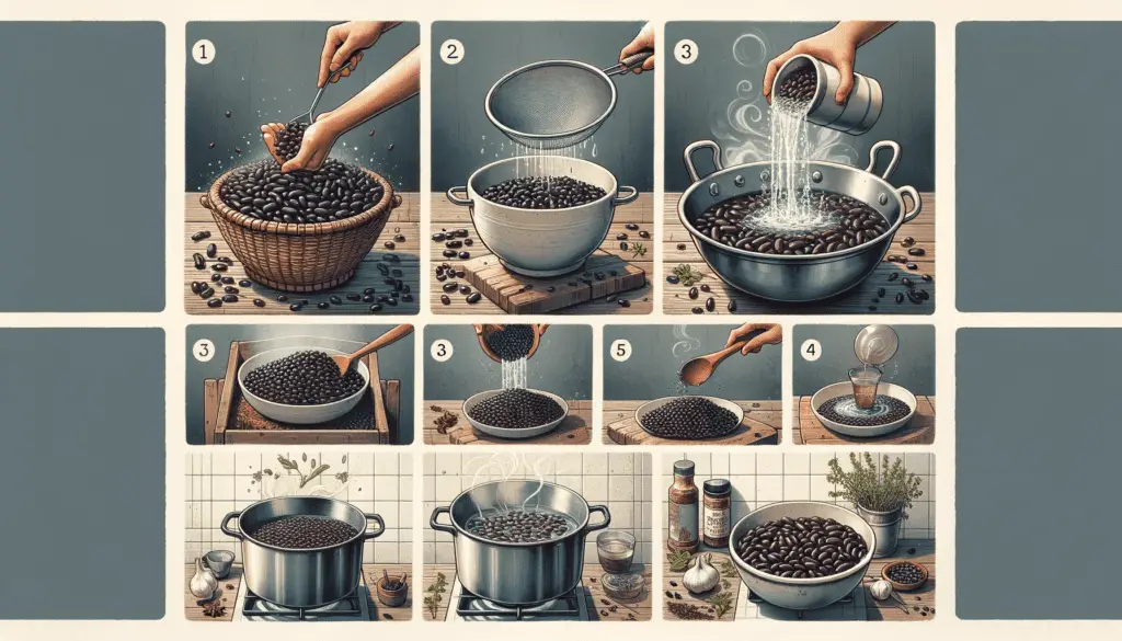 DALL·E 2023 11 08 15.54.14 A collage illustrating the steps on how to cook dry Michigan black beans 1. Dry black beans being rinsed in a colander. 2. Beans soaking in a bowl of