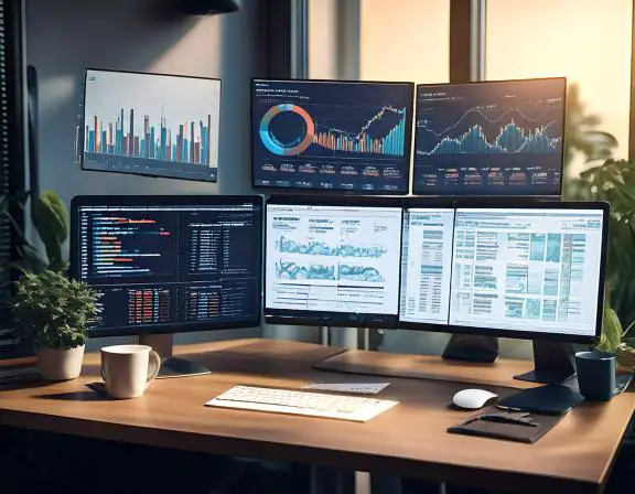 a desk with multiple computer monitors