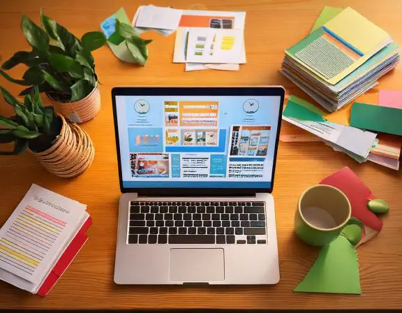 a laptop on a table with a pile of papers and a cup of coffee