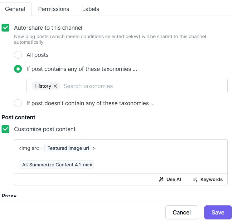 Channel settings with auto-share options