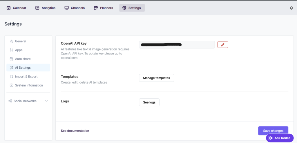 Settings page for OpenAI API key