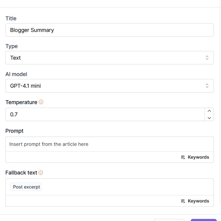 Blogger summary interface with fields