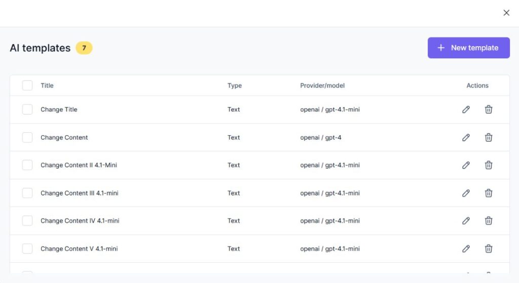 List of AI templates and options