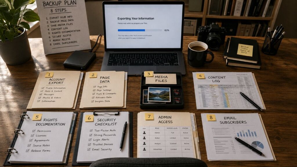 Eight-part publisher backup workflow with folders, hard drive, checklist and laptop export screen.