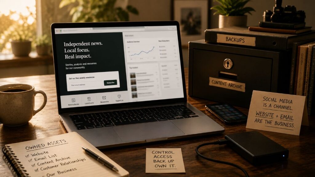 Publisher website and email signup shown as primary assets while social media sits in the background.