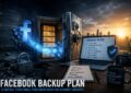 Small business publisher’s desk with laptop, hard drive, calendar and backup checklist for a Facebook backup plan.