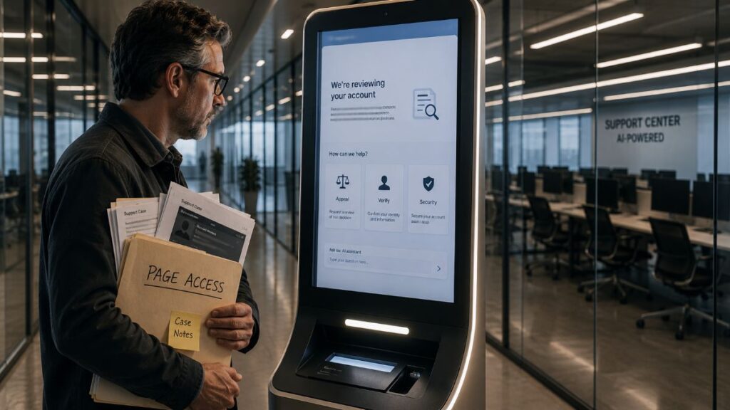 Publisher holding account records while facing an automated support screen.