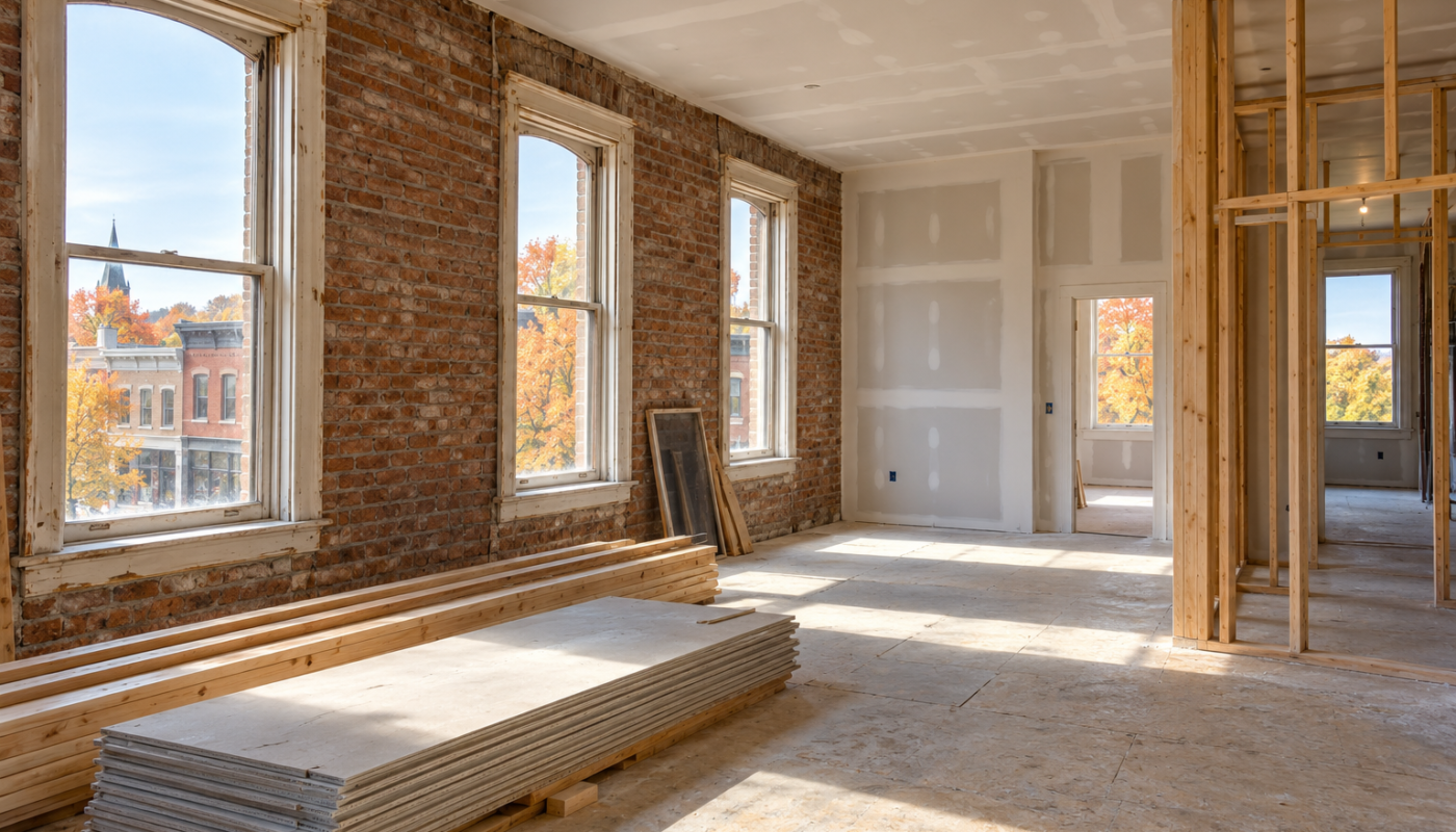 AI-generated illustration of an upper-floor apartment renovation for the Caro downtown housing project; not an actual project property.