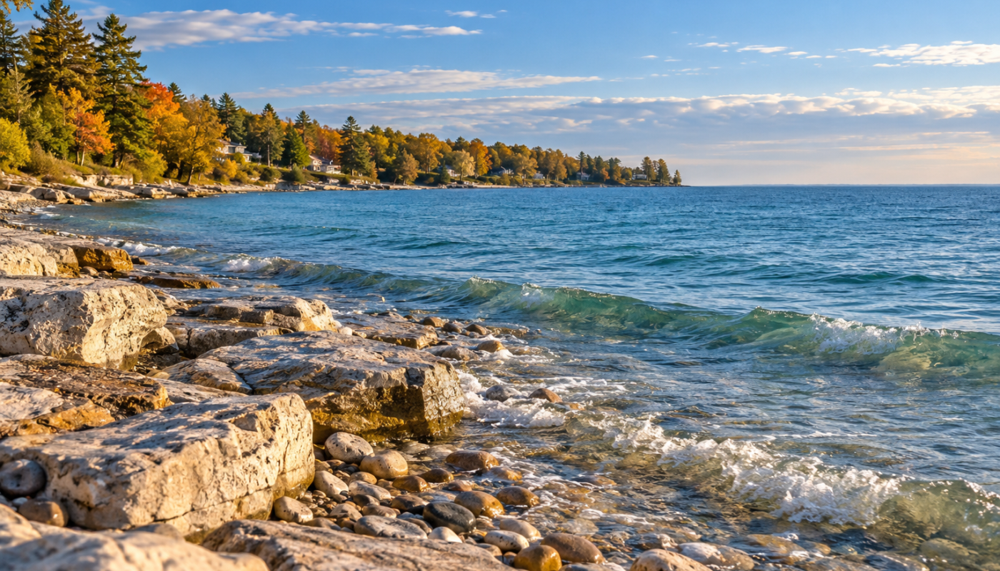 AI-generated photographic illustration of Michigan’s Forgotten Coast, with autumn trees and a rocky Lake Huron shoreline