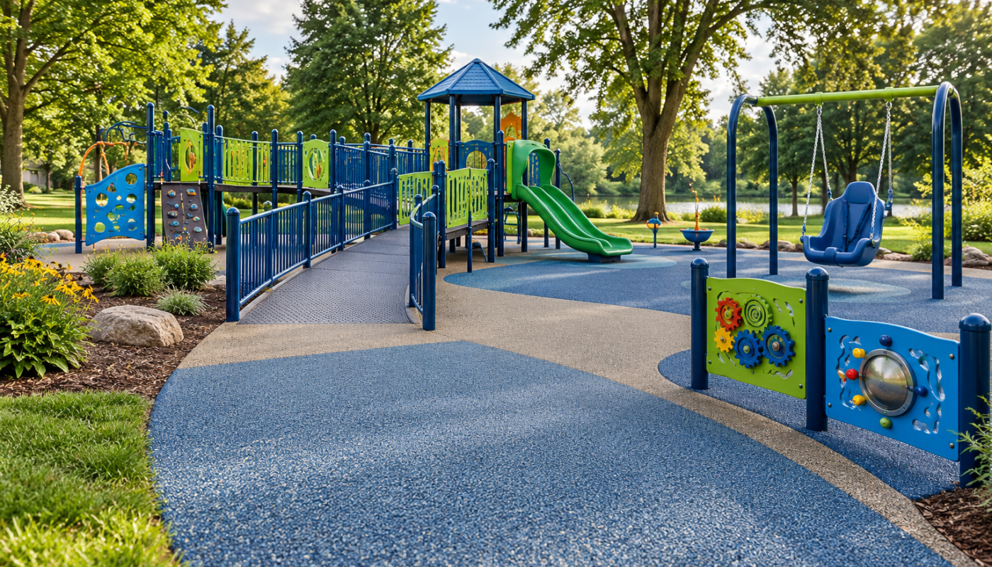 Photographic illustration of accessible playground equipment and a poured-rubber play surface; not the actual Ubly park.