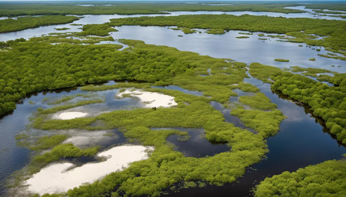 Image illustrating the ecological impact of Florida hurricanes, showing eroded wetlands, stripped coastal vegetation, and affected wildlife habitats.