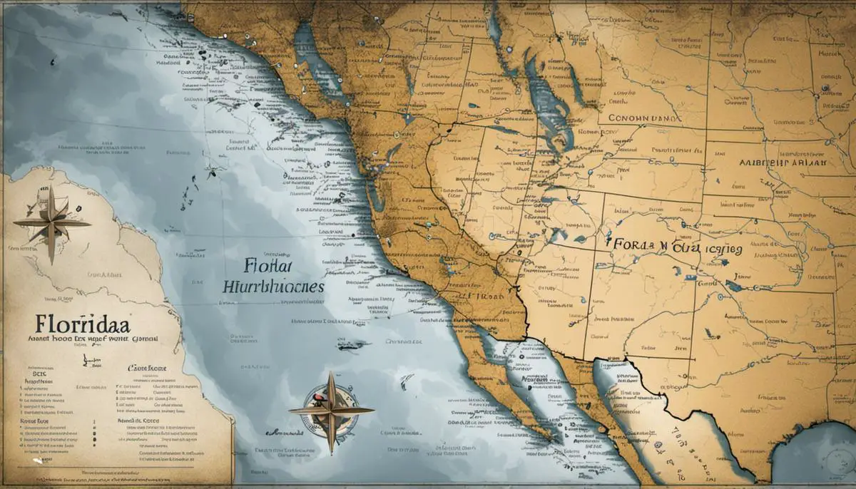 Image depicting the vulnerability of Florida to severe hurricanes, showing a map with the coastline and hurricane symbols