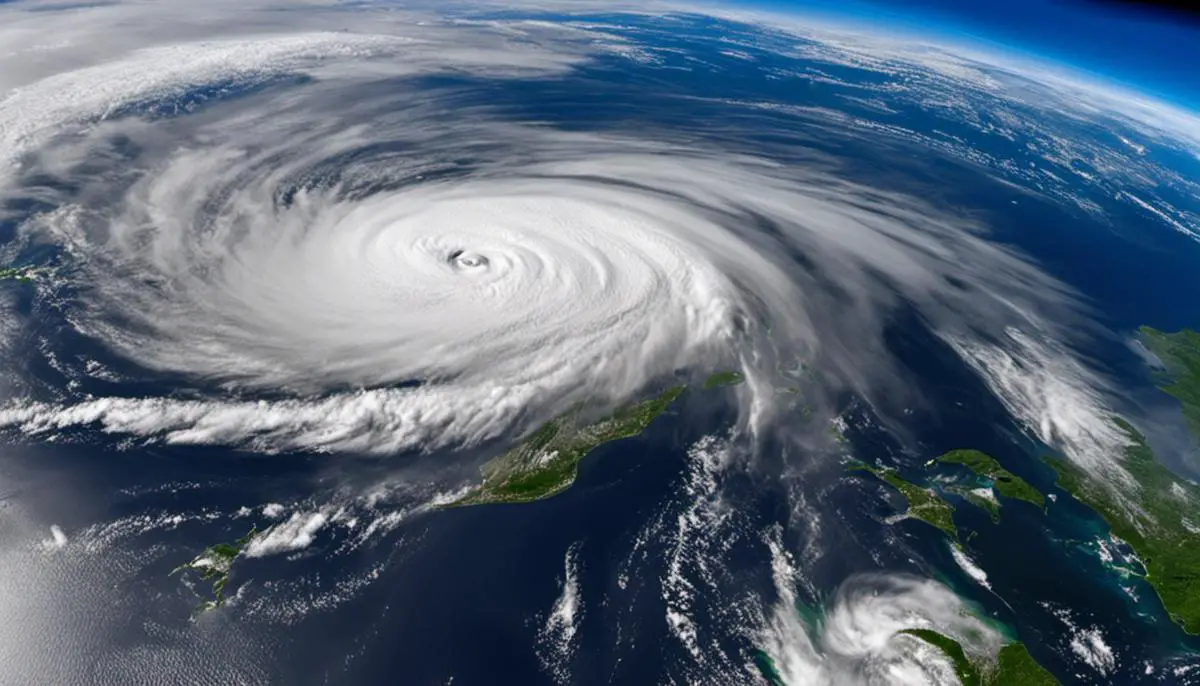 A satellite image showing a hurricane approaching the state of Florida.