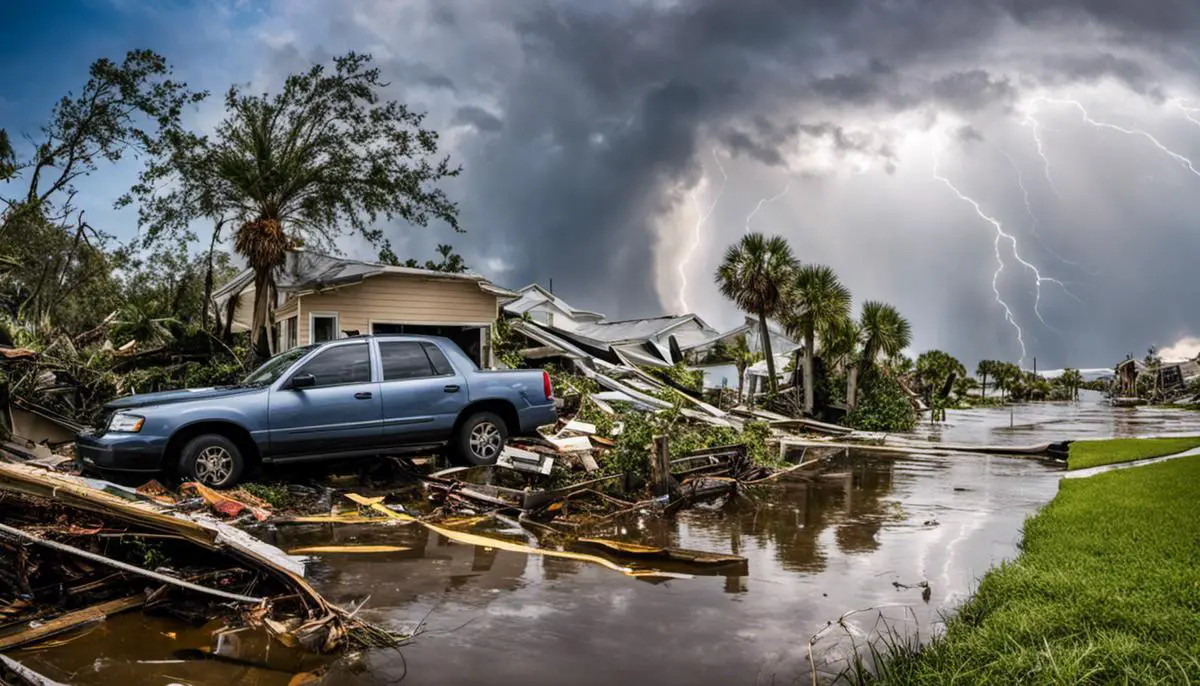 A photo showing the aftermath of a severe hurricane in Florida, illustrating the economic impacts it can have on the region.