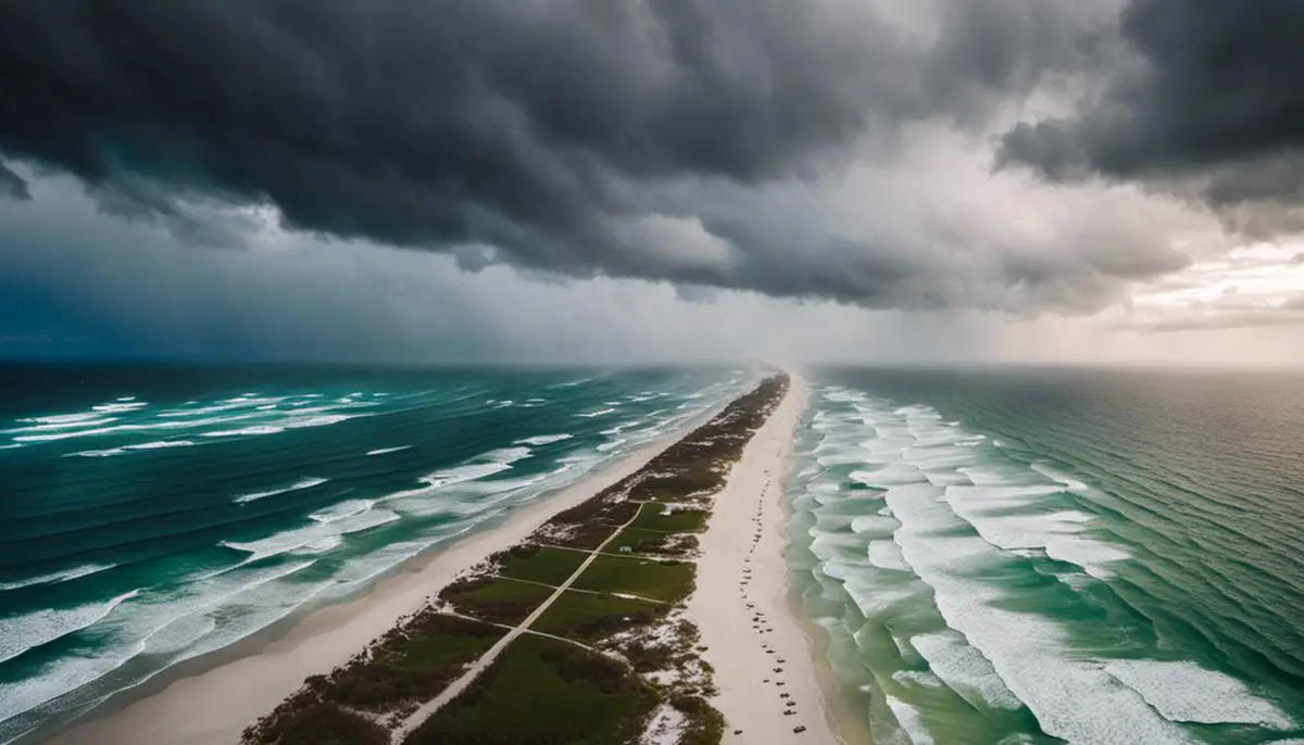 Aerial view of Florida coastline during a hurricane with dark clouds and rough waves crashing on the shore