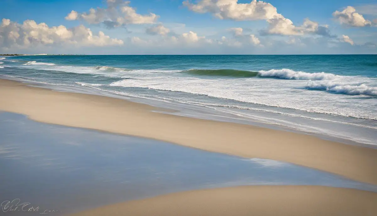 A serene beach scene at Fort Pierce during springtime, with soft sand, clear blue skies, and gentle waves crashing against the shore.