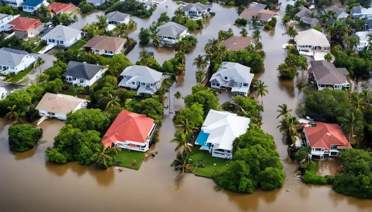 Image depicting the impact of hurricanes on homes, showing damaged structures and waterlogged surroundings.