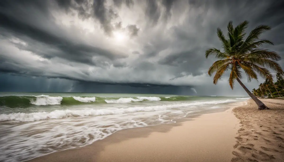 Image of a beach with palm trees swaying in the wind during a storm, representing Florida's hurricane season.