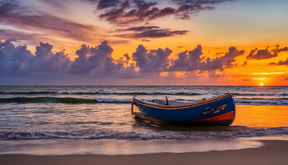 A beautiful sunset over Fort Pierce beach during the fall season with vibrant colors in the sky and calm sea reflecting the hues.