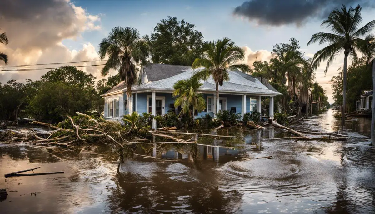 The image shows the aftermath of a severe hurricane in Florida, with damaged buildings and fallen trees scattered amidst flooded streets.